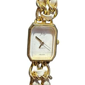 Jalgo Vintage Quartz Women's Watch Gold Tone Chain Link White Leather Bracelet